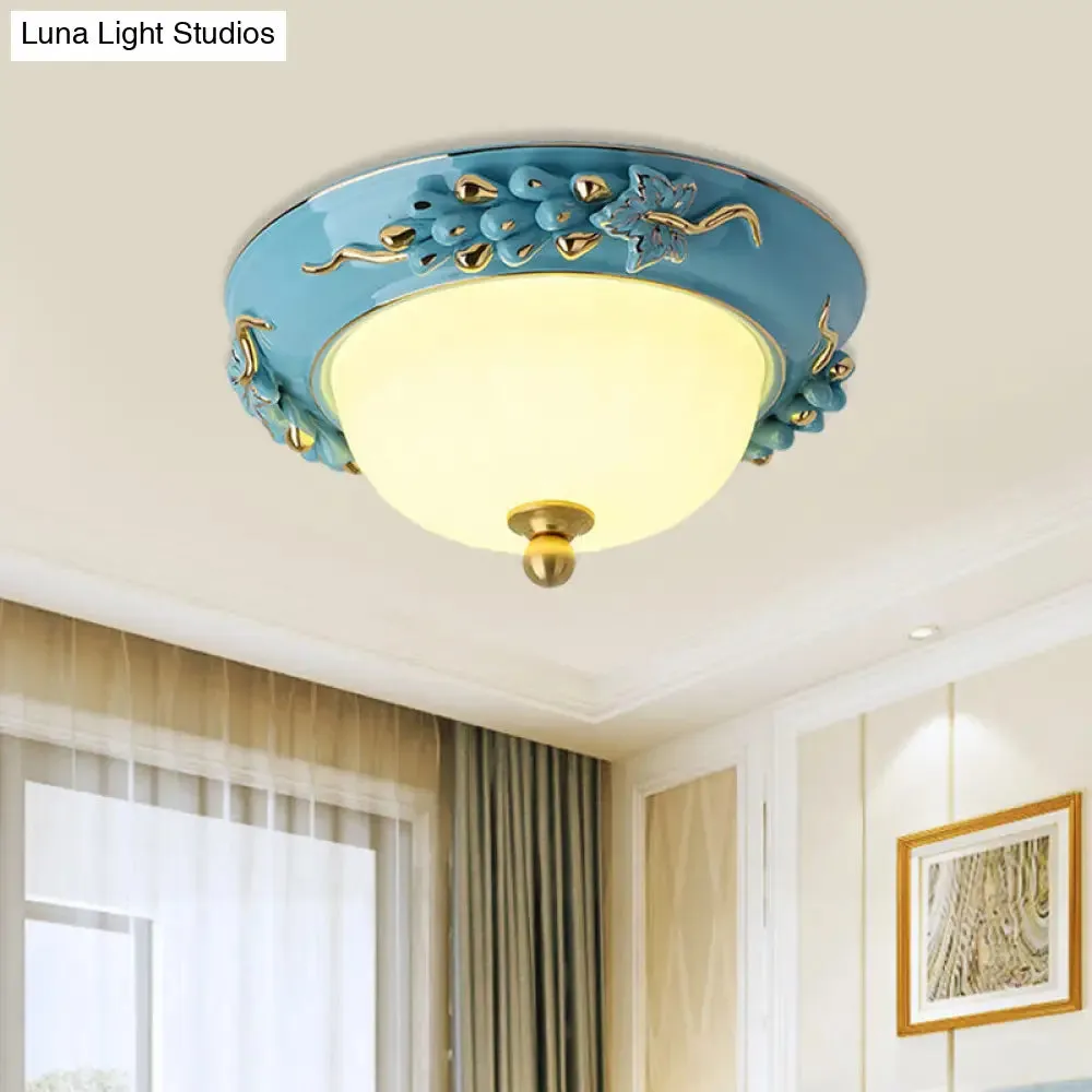 12"/14" LED Dome Ceiling Mounted Farmhouse Light with Yellow/Blue Frosted Glass Flush Lamp and Grape Ceramic Deco