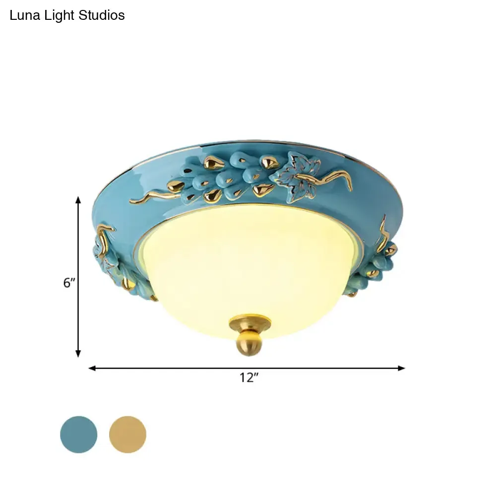 12"/14" LED Dome Ceiling Mounted Farmhouse Light with Yellow/Blue Frosted Glass Flush Lamp and Grape Ceramic Deco