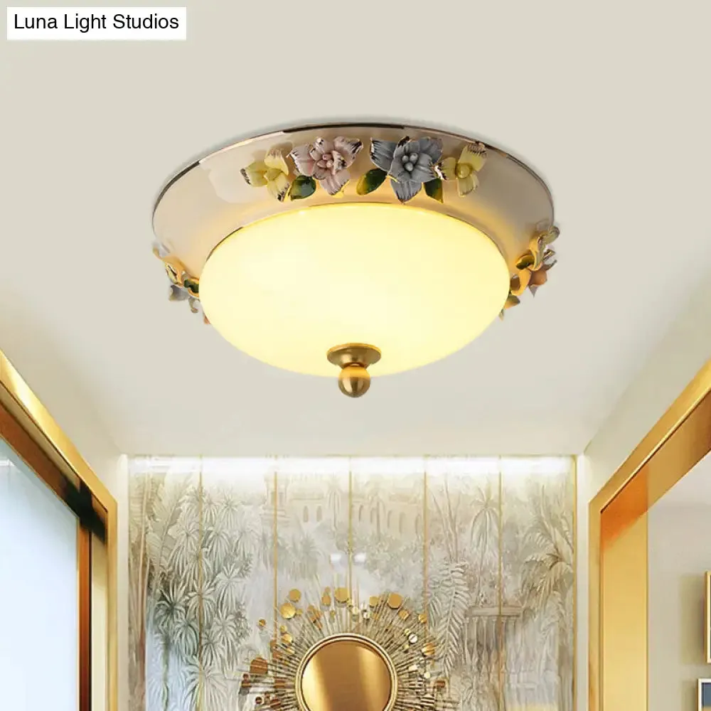 12"/14" LED Dome Ceiling Mounted Farmhouse Light with Yellow/Blue Frosted Glass Flush Lamp and Grape Ceramic Deco