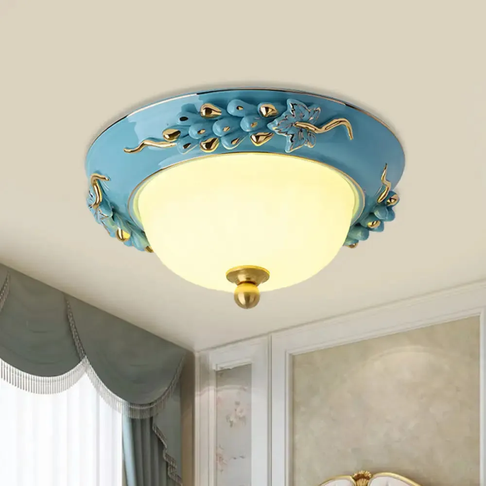 12"/14" LED Dome Ceiling Mounted Farmhouse Light with Yellow/Blue Frosted Glass Flush Lamp and Grape Ceramic Deco