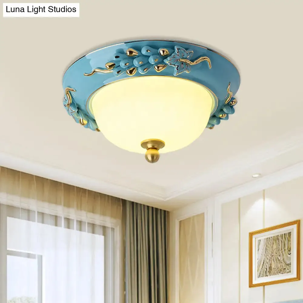 12"/14" LED Dome Ceiling Mounted Farmhouse Light with Yellow/Blue Frosted Glass Flush Lamp and Grape Ceramic Deco