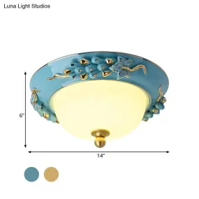 12"/14" LED Dome Ceiling Mounted Farmhouse Light with Yellow/Blue Frosted Glass Flush Lamp and Grape Ceramic Deco
