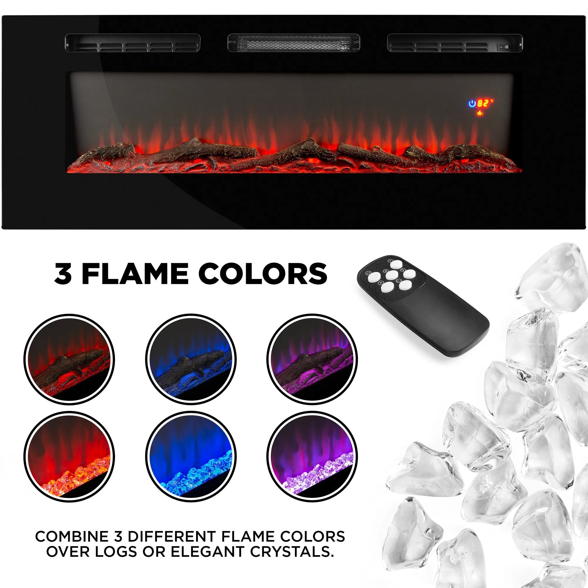 1500W Electric Fireplace Recessed and Wall Mounted w/ Remote, Logs, Crystals