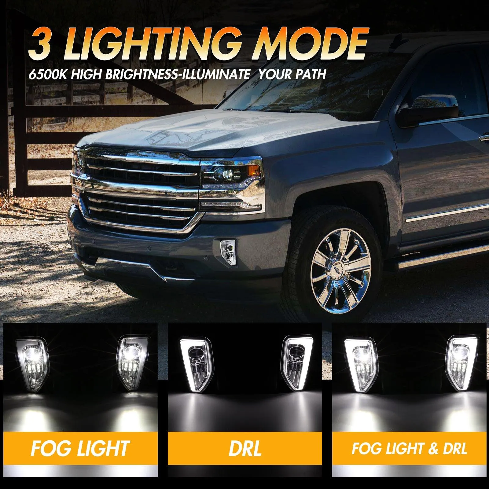 (2pcs/set) 45W DOT Approved LED Fog Lights with DRL for 2016-2018 Chevy Silverado 1500 (Chrome)