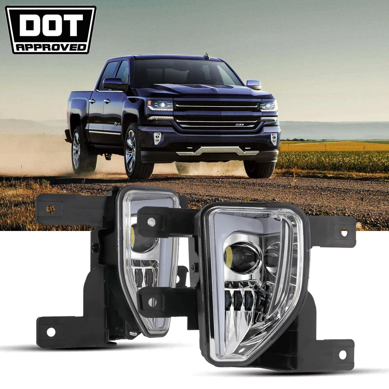 (2pcs/set) 45W DOT Approved LED Fog Lights with DRL for 2016-2018 Chevy Silverado 1500 (Chrome)