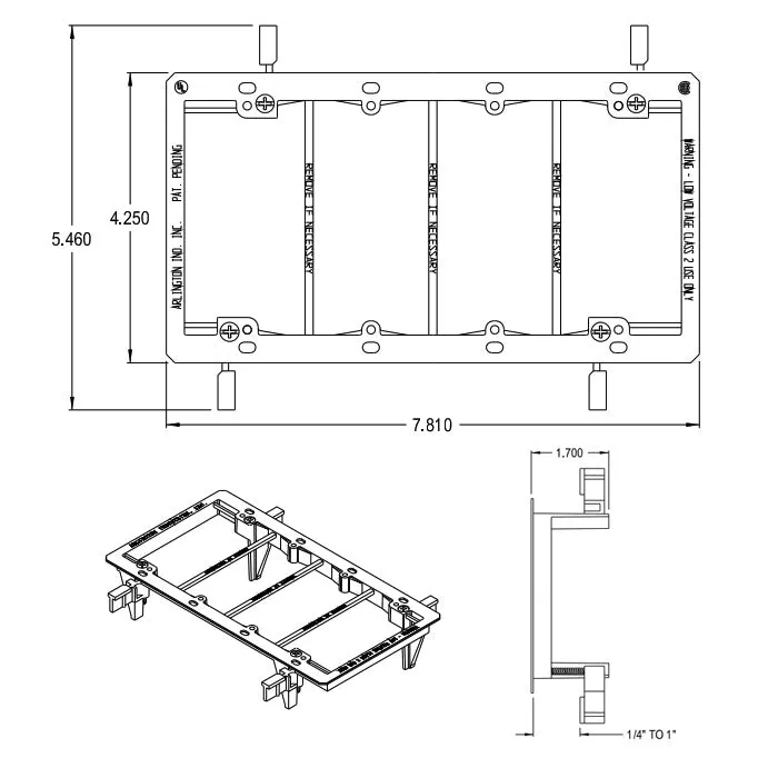 Arlington LV4 4-Gang Low Voltage Device Mounting Plate for 1/4" - 1" Thick Walls