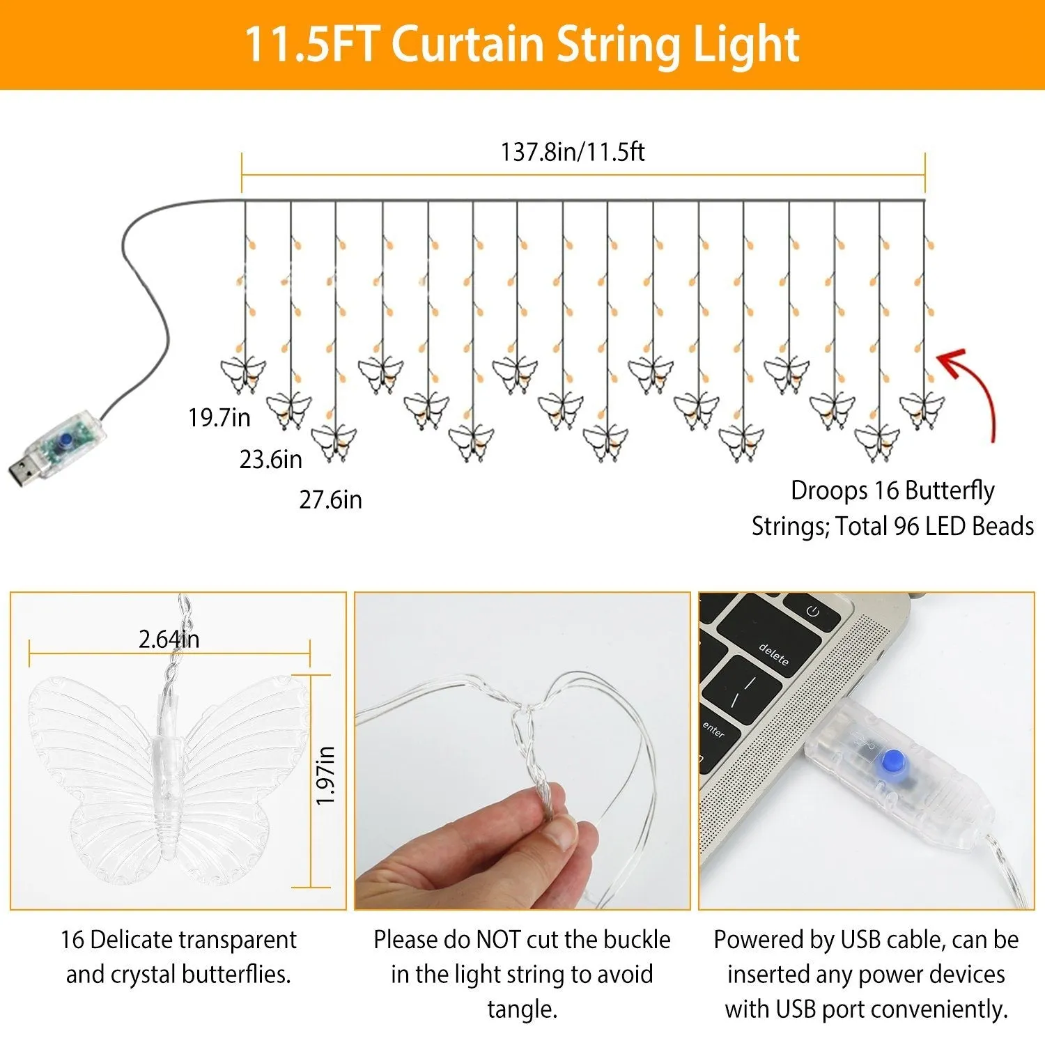 Butterfly Curtain String Lights USB Powered with 8 Modes 96 LED Remote Control