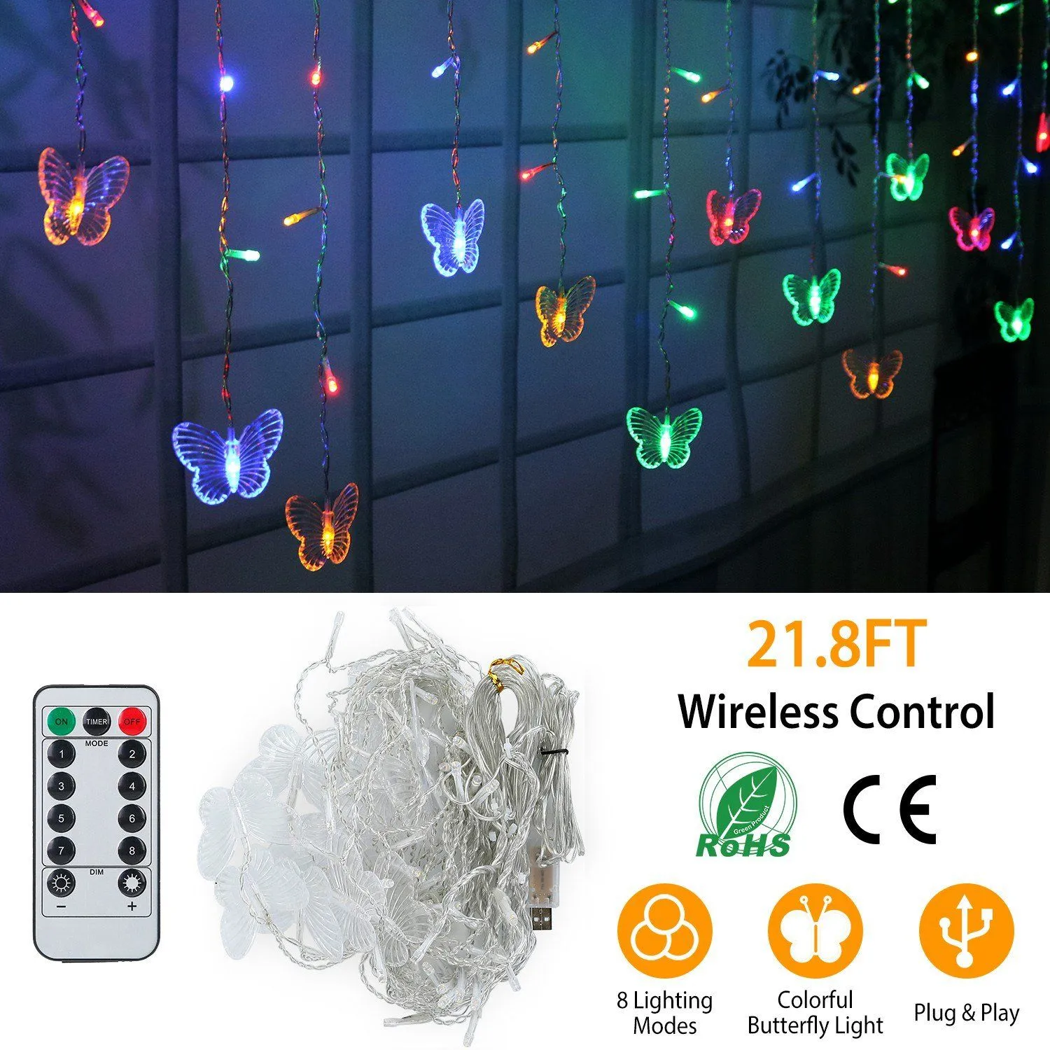Butterfly Curtain String Lights USB Powered with 8 Modes 96 LED Remote Control