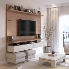 City 62.99 Modern Floating Entertainment Center with Media Shelves in Maple Cream and Off White