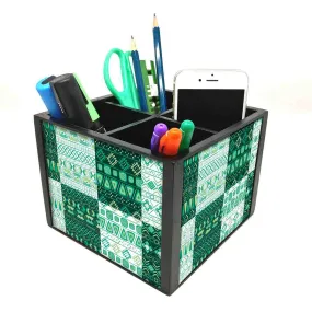 Desk Organizer For Stationery -  Aztec Pattern Green
