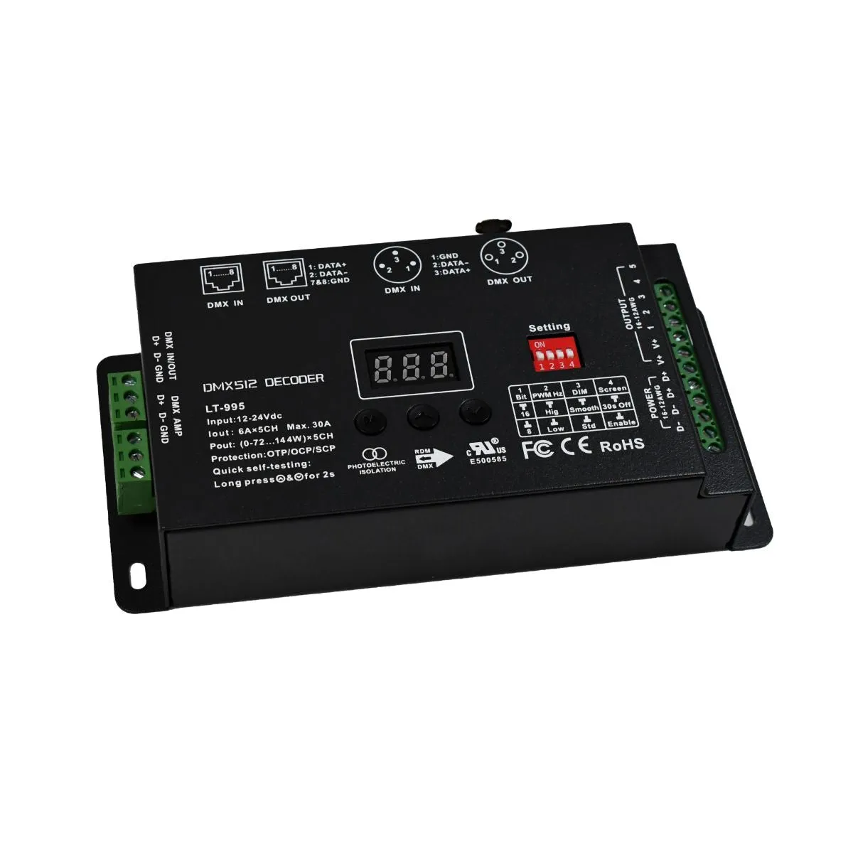 DMX Decoder 5 Channels, 12V/24VDC DMX512/RDMV, 6A x 5CH 30A