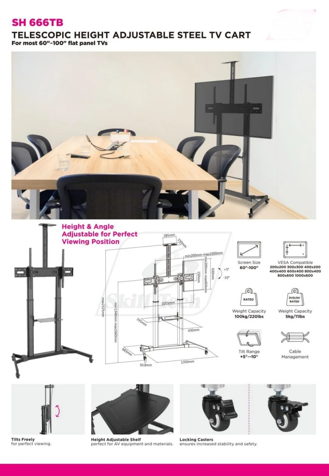 Large Screen Telescopic Extra Heavy Duty Steel TV Stand Cart - SH 666TB (Fits Most 60″ ~ 100″ Screen, Weight Capacity 100kg)