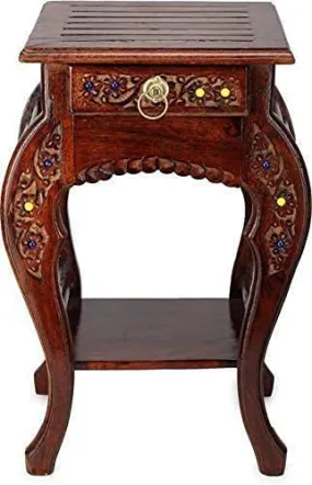 MITRIA TRADERS Wooden Antique Look Natural Wood with Drawer Storage for Living Room Bedroom Side end Table || Brown(height 21 inch)