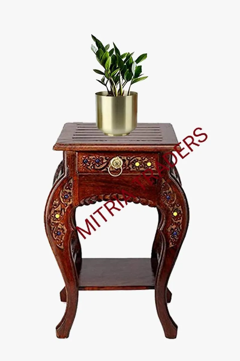 MITRIA TRADERS Wooden Antique Look Natural Wood with Drawer Storage for Living Room Bedroom Side end Table || Brown(height 21 inch)