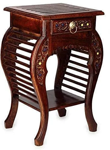 MITRIA TRADERS Wooden Antique Look Natural Wood with Drawer Storage for Living Room Bedroom Side end Table || Brown(height 21 inch)