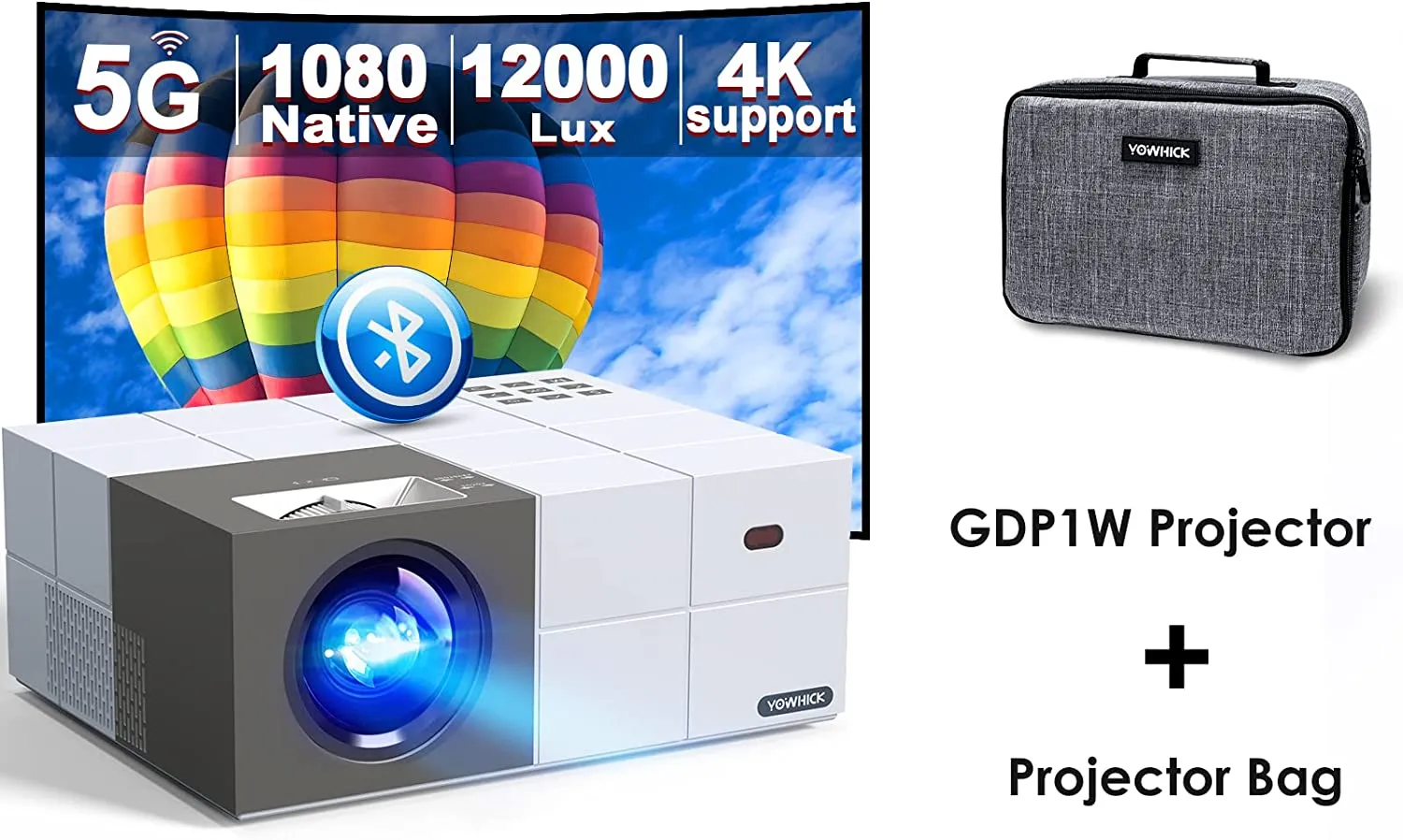 Native 1080P 5G WiFi Bluetooth Projector 4K Support, GDP1W Outdoor Projector White