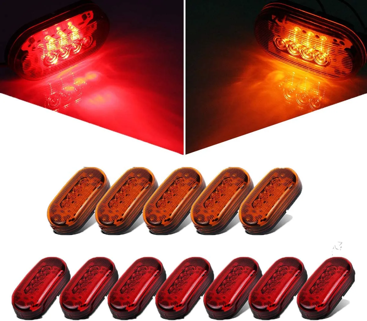 Partsam 12x 4 Inch Oblong Led Marker Lights 10 Diodes Black Base 4" Rectangular Rectangle LED Trailer Clearance and Side Marker Lights Truck Trailer RV Camper Motorhome Light Lamps 12V (5Amber 7Red)