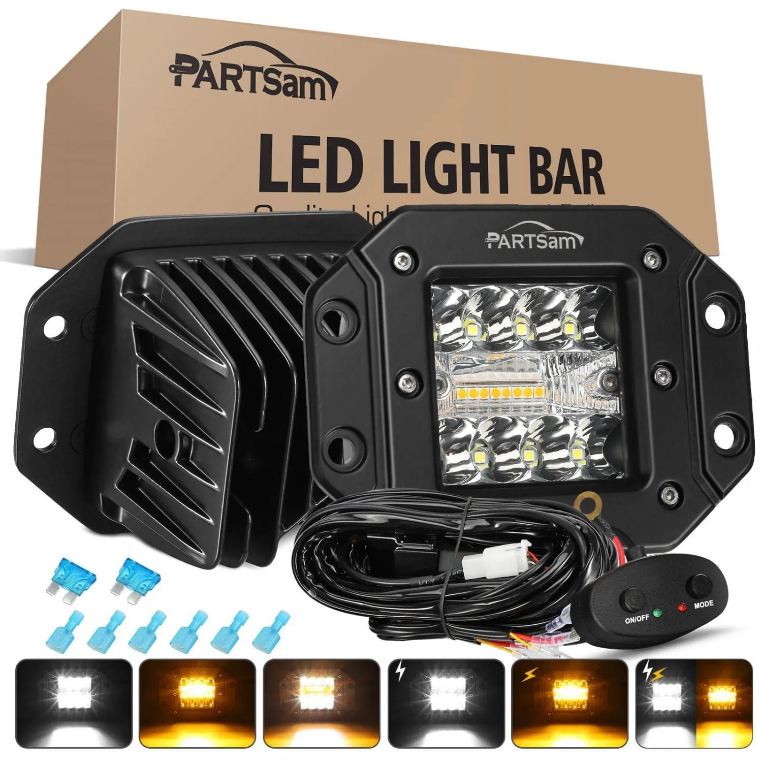Partsam 2pcs 48W LED Light Pods Amber White Light Bar Strobe Lights Flush Moun 6 Modes Memory Function for ATV UTV SUV Offroad Pickup Trucks w Wiring Harness Kit 16AWG 2 Leads