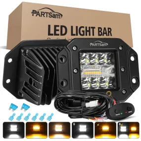 Partsam 2pcs 48W LED Light Pods Amber White Light Bar Strobe Lights Flush Moun 6 Modes Memory Function for ATV UTV SUV Offroad Pickup Trucks w Wiring Harness Kit 16AWG 2 Leads