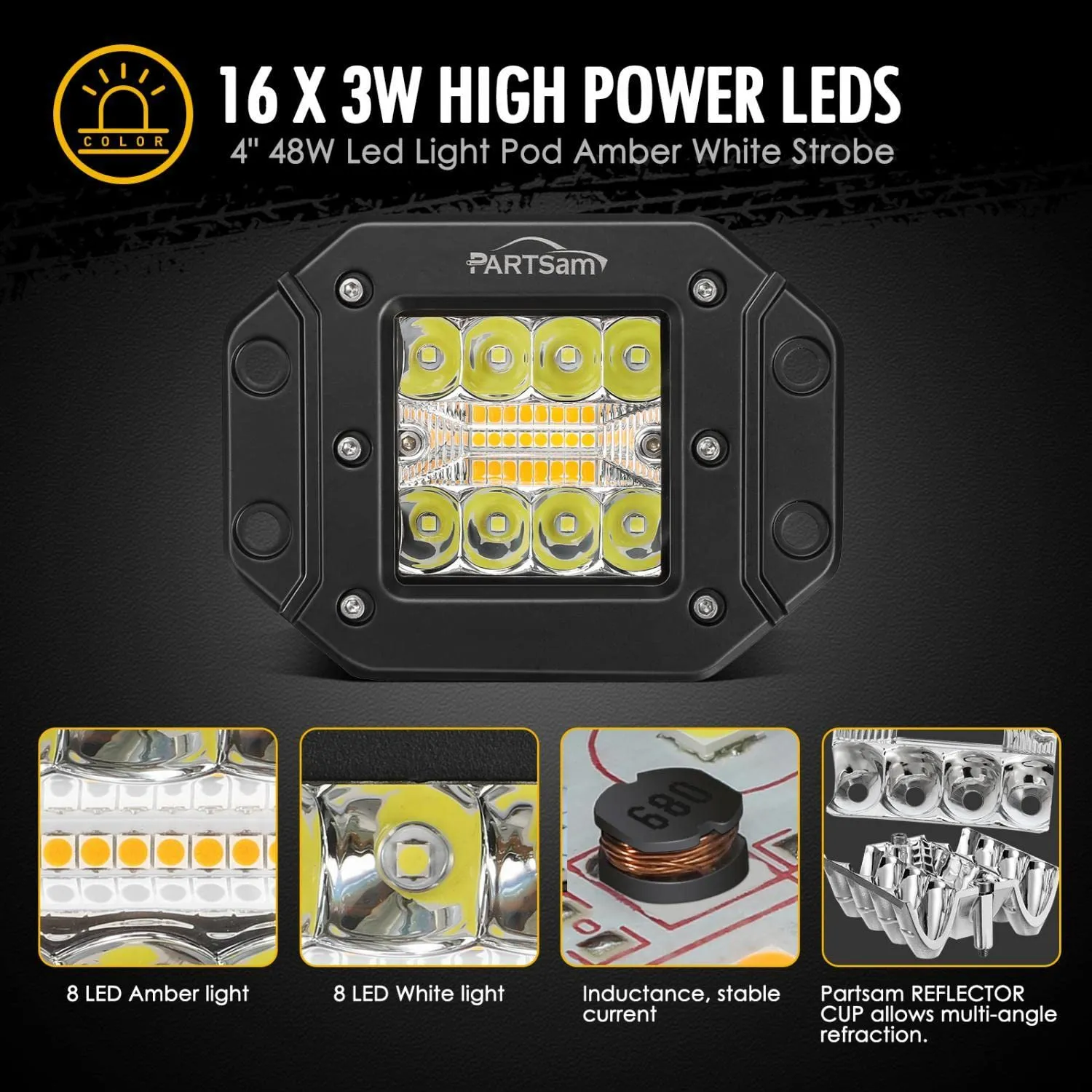 Partsam 2pcs 48W LED Light Pods Amber White Light Bar Strobe Lights Flush Moun 6 Modes Memory Function for ATV UTV SUV Offroad Pickup Trucks w Wiring Harness Kit 16AWG 2 Leads