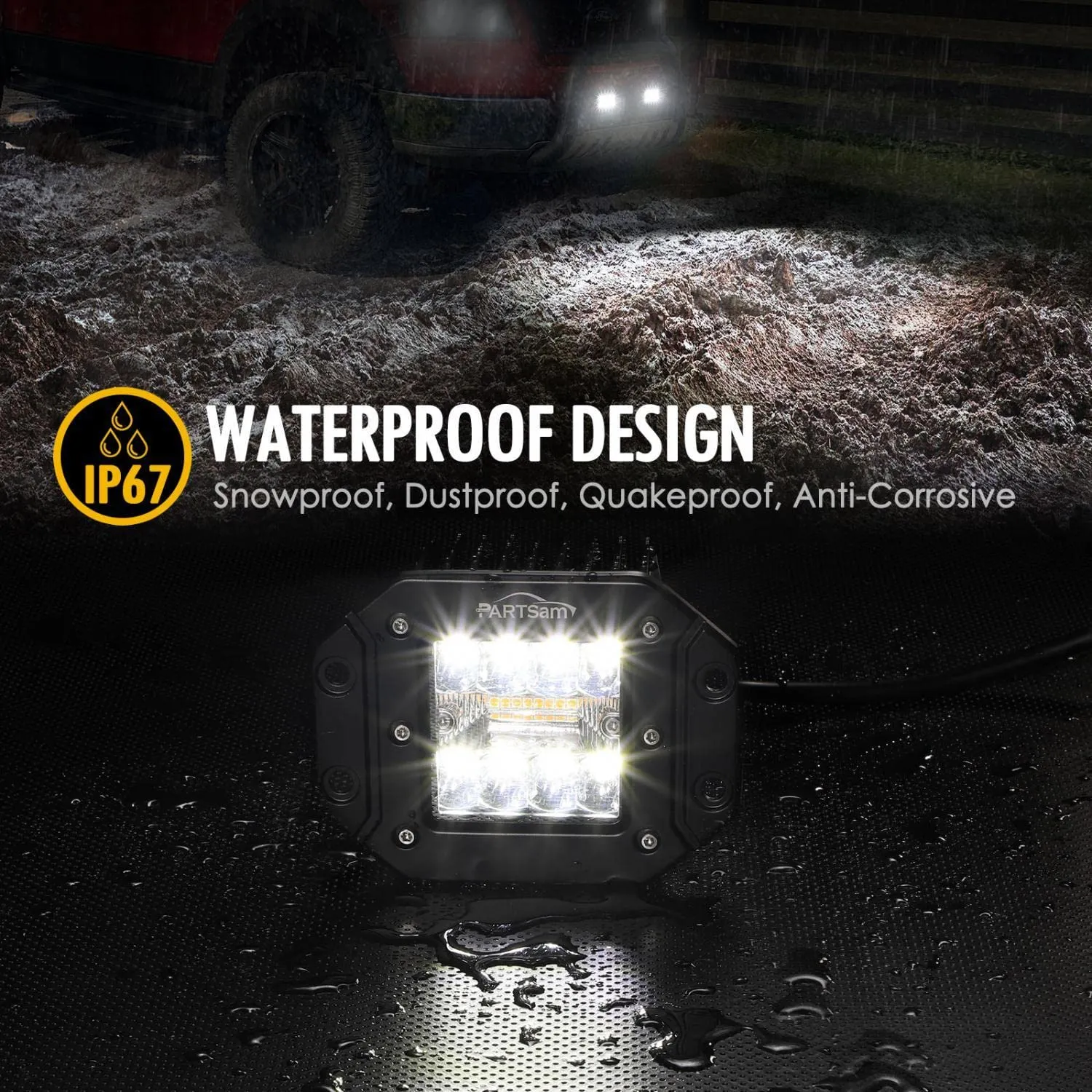 Partsam 2pcs 48W LED Light Pods Amber White Light Bar Strobe Lights Flush Moun 6 Modes Memory Function for ATV UTV SUV Offroad Pickup Trucks w Wiring Harness Kit 16AWG 2 Leads