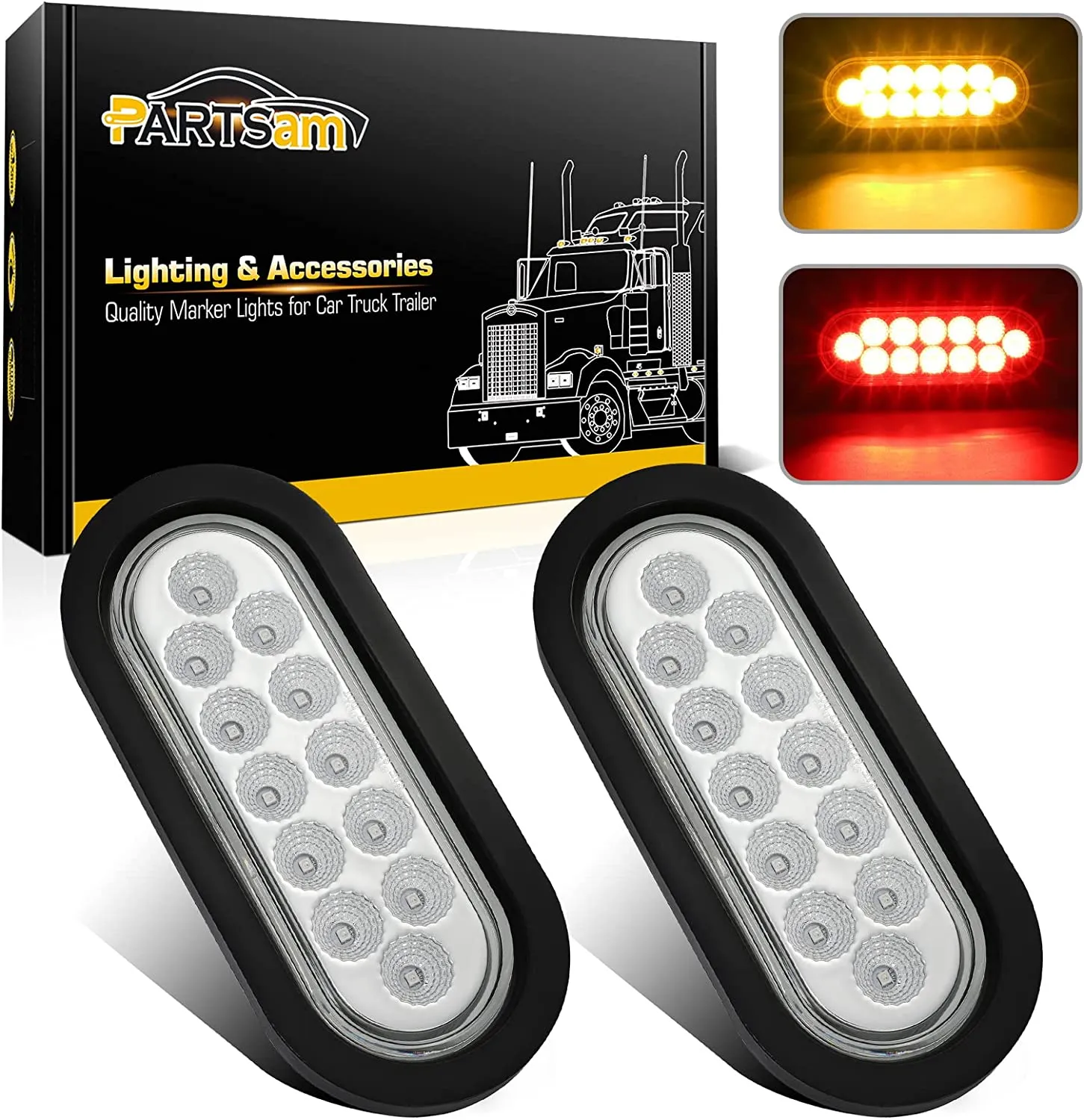 Partsam 2Pcs 6.7 Inch Oval Red Stop Turn Tail Lights to Amber Strobe Lights Kit 12 Diodes w/Rubber Grommets & 3-Prong Wire Pigtails, Red/Amber Oval Led Truck Trailer Tail Lights and Indicator Lights