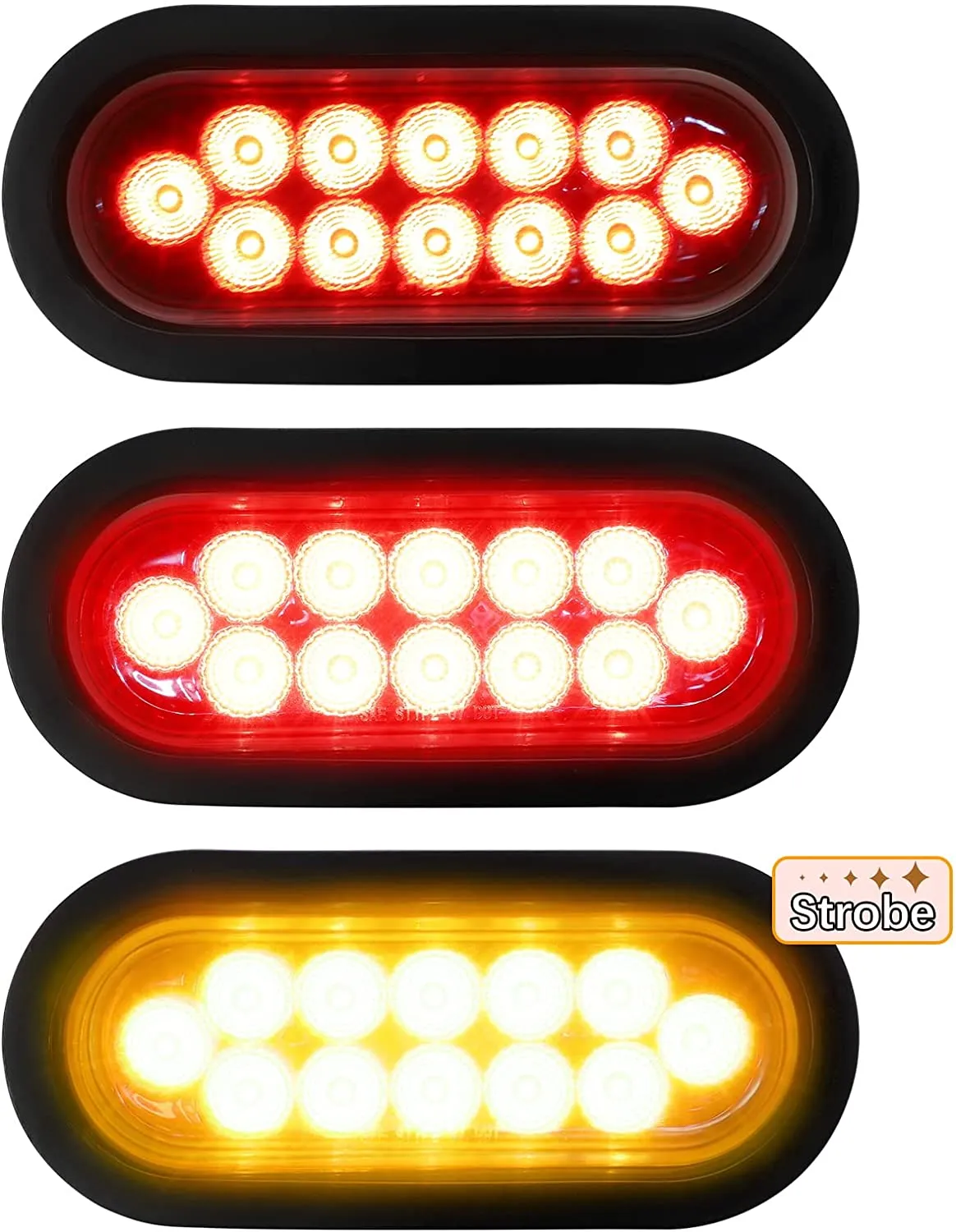 Partsam 2Pcs 6.7 Inch Oval Red Stop Turn Tail Lights to Amber Strobe Lights Kit 12 Diodes w/Rubber Grommets & 3-Prong Wire Pigtails, Red/Amber Oval Led Truck Trailer Tail Lights and Indicator Lights
