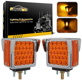 Partsam 2Pcs Double Face Trailer Pedestal Turn Signal Parking Lights with Chrome Visors, Amber/Amber Dual Face Square 52 LED Fender Stud Mount Light for Peterbilt Freightliner Kenworth, Dual Studs