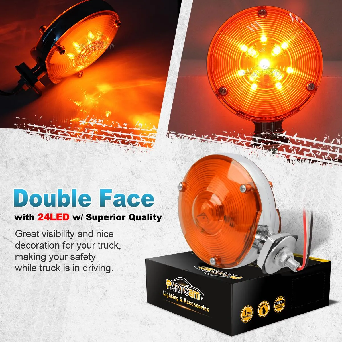 Partsam 2Pcs LED 4 Inch Round Double Face Star Led Turn Signal Lights Chrome Amber 24 Diodes, Double Face Star Led Pedestal Lights, Dual Face Led Truck Trailer Lights