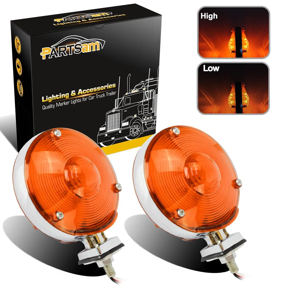 Partsam 2Pcs LED 4 Inch Round Double Face Star Led Turn Signal Lights Chrome Amber 24 Diodes, Double Face Star Led Pedestal Lights, Dual Face Led Truck Trailer Lights
