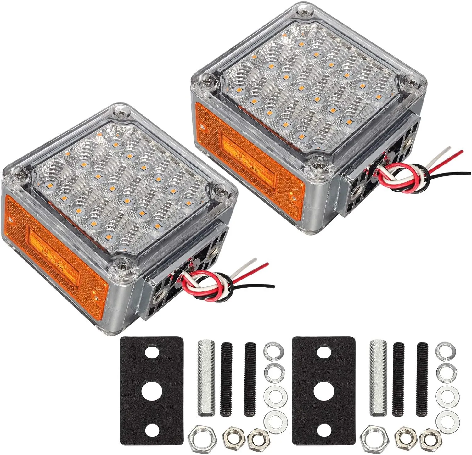 Partsam 2Pcs Square Double Face Led Turn Signal Lights Parking Lights Clear Lens - Amber/Amber 39 Square LED Pedestal Fender Stud Mount Dual Face Led Lights for Trucks Trailers