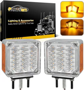 Partsam 2Pcs Square Double Face Led Turn Signal Lights Parking Lights Clear Lens - Amber/Amber 39 Square LED Pedestal Fender Stud Mount Dual Face Led Lights for Trucks Trailers