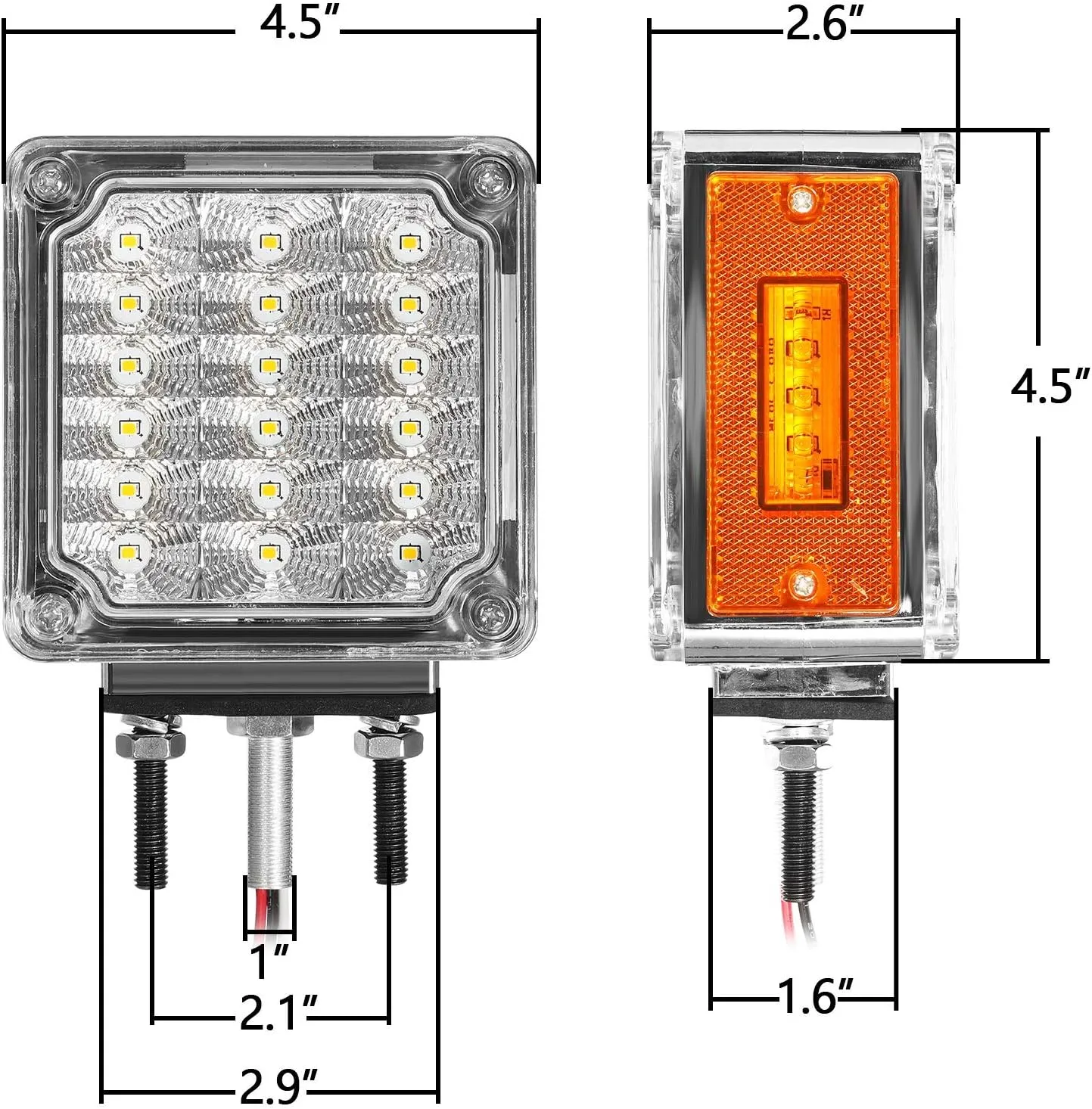 Partsam 2Pcs Square Double Face Led Turn Signal Lights Parking Lights Clear Lens - Amber/Amber 39 Square LED Pedestal Fender Stud Mount Dual Face Led Lights for Trucks Trailers