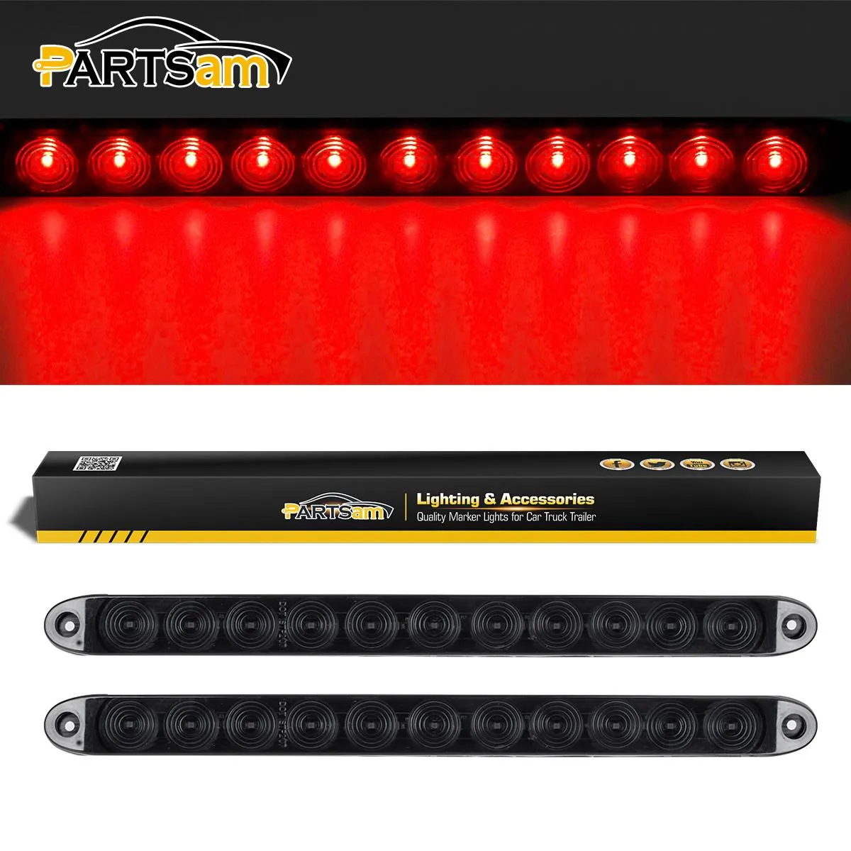 Partsam 2X 15 Smoke Lens Red 11 LED Car Trailer Truck Stop Turn Tail Brake Light ID Bar Waterproof, 15inch 11 LED Light Bar, Smoke LED Trailer Identification ID Light Bar Third 3rd Brake Light