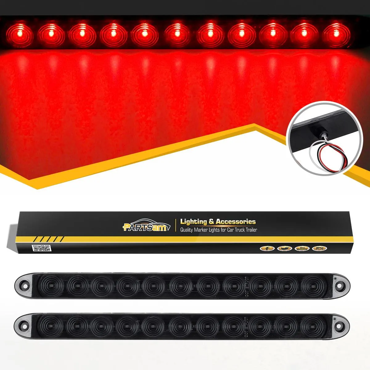 Partsam 2X 15 Smoke Lens Red 11 LED Car Trailer Truck Stop Turn Tail Brake Light ID Bar Waterproof, 15inch 11 LED Light Bar, Smoke LED Trailer Identification ID Light Bar Third 3rd Brake Light