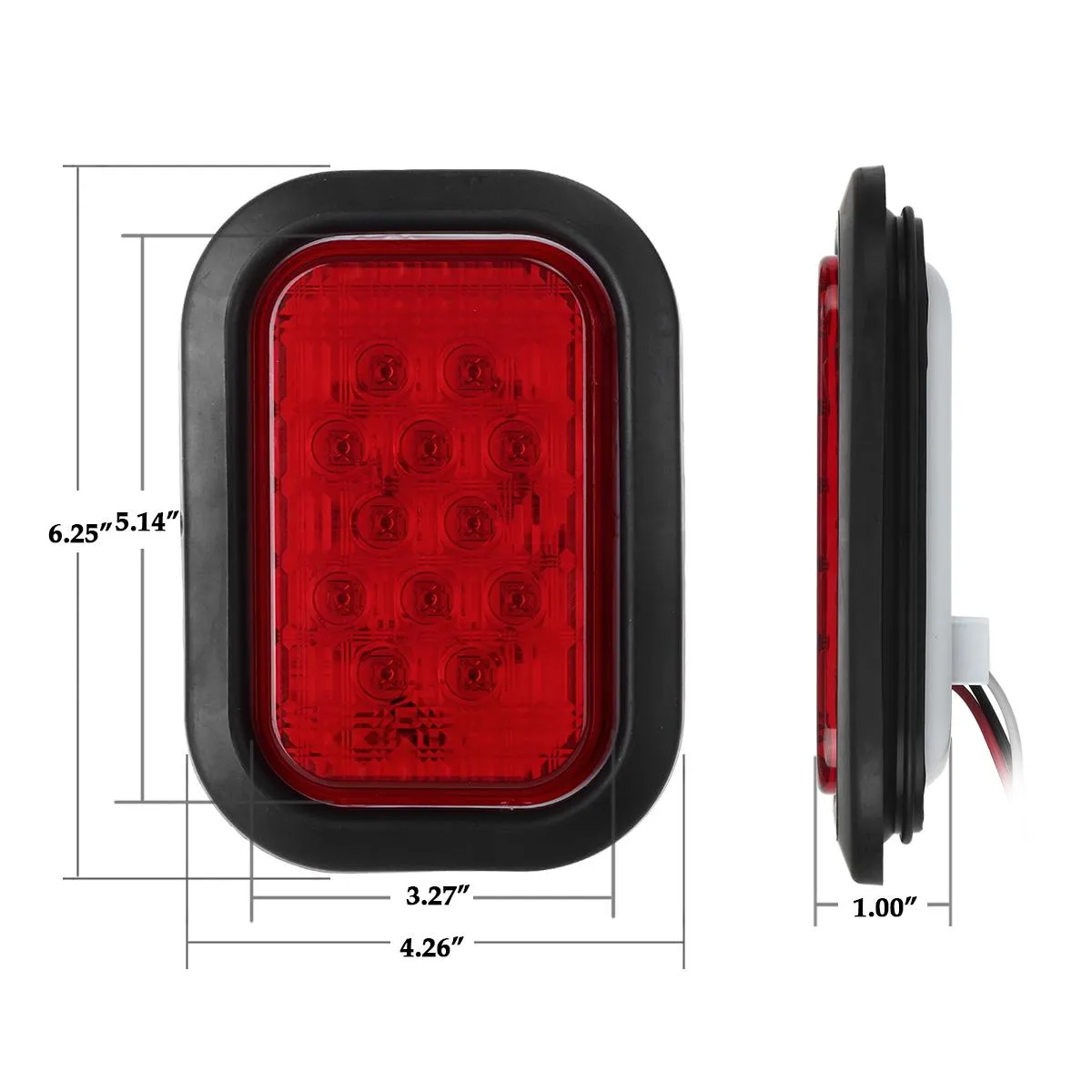 Partsam 4x 12 LED Rectangle Truck Trailer Stop Tail Brake Lights Red 5inchx3inch w/Rubber Mount, Sealed 5inchx3inch 4x Red Rectangle 12 LED Stop/Turn/Tail Truck Trailer Hitch Light Grommet Wire Kit