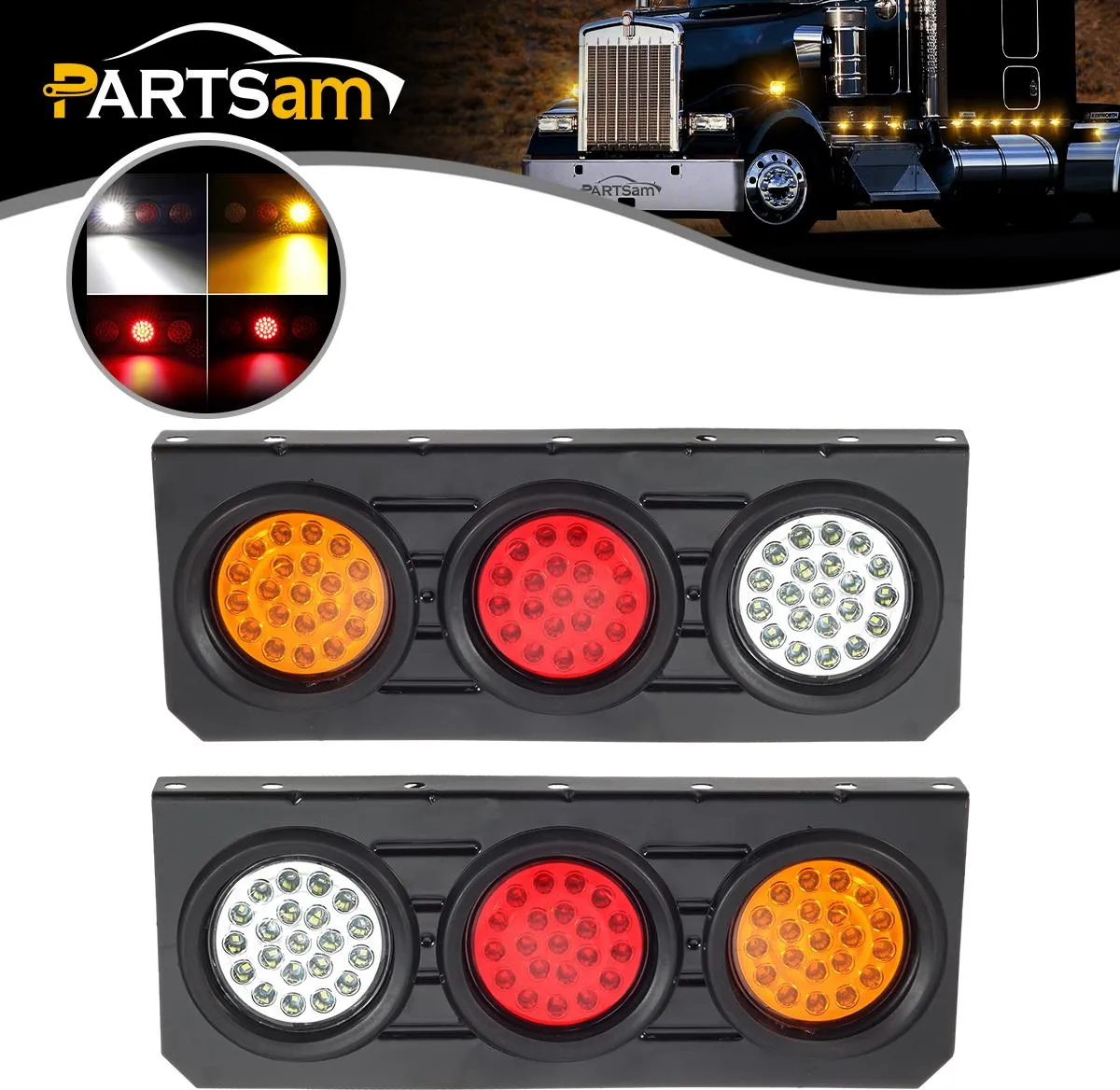 Partsam 63 LED Truck Trailer Tail Lights Bar Kit, Stop Turn Signal Brake Reverse Taillight with Iron Bracket Base Waterproof 12V-30V 4 Inch Round Led Trailer Tail Lights RV Camper Flatbed Trucks(2pcs)