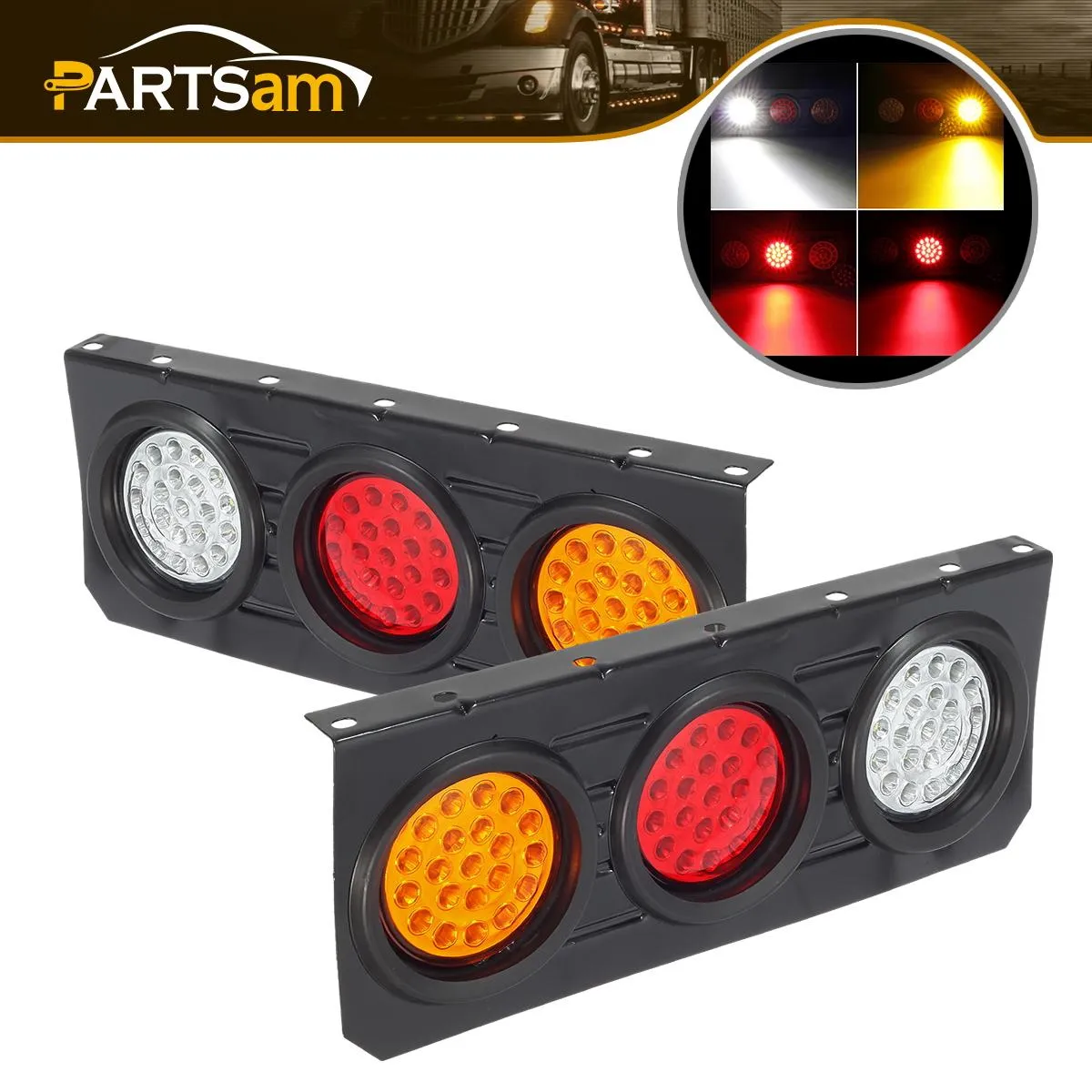Partsam 63 LED Truck Trailer Tail Lights Bar Kit, Stop Turn Signal Brake Reverse Taillight with Iron Bracket Base Waterproof 12V-30V 4 Inch Round Led Trailer Tail Lights RV Camper Flatbed Trucks(2pcs)