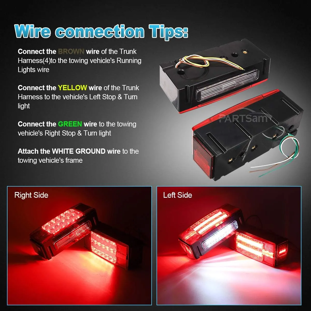 Partsam Low Profile Rectangle LED Combination Trailer Tail Lights Submersible Halo Glow for RV Marine Boat Trailer Stop Brake Tail Turn License Plate Lights 12V DC w/Reflective Stickers DOT Compliant