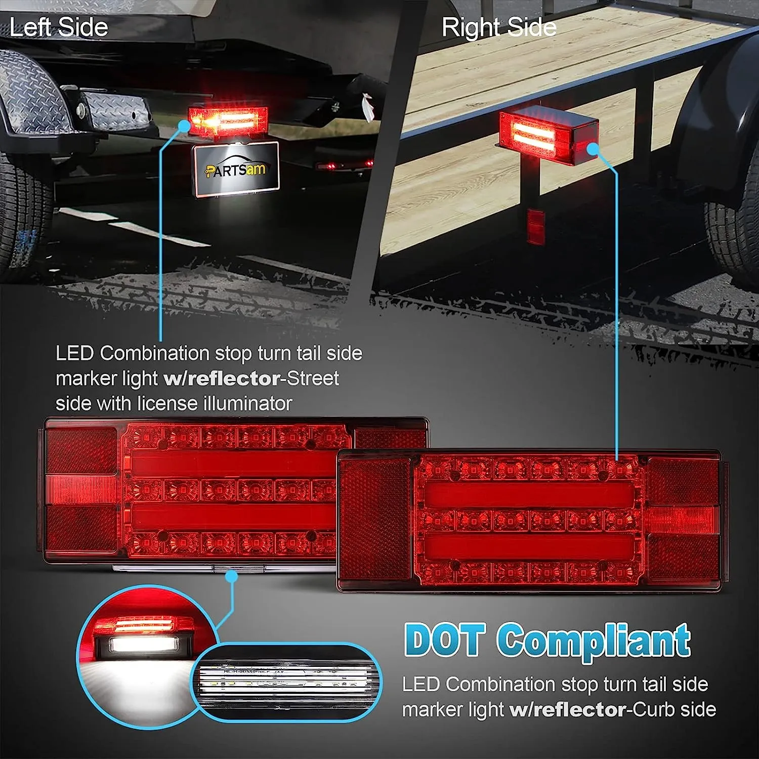 Partsam Low Profile Rectangle LED Combination Trailer Tail Lights Submersible Halo Glow for RV Marine Boat Trailer Stop Brake Tail Turn License Plate Lights 12V DC w/Reflective Stickers DOT Compliant