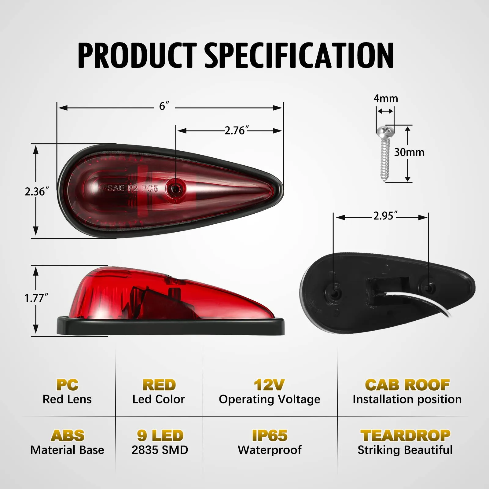 Partsam Red Cab Light, 5Pcs 9 LED Torpedo Cab Marker Light Roof Running Top, Front Rear Top Clearance Roof Running Light with Wiring Pack for Trucks, Vans, Pickups, semis, and RVs(Red/Red)