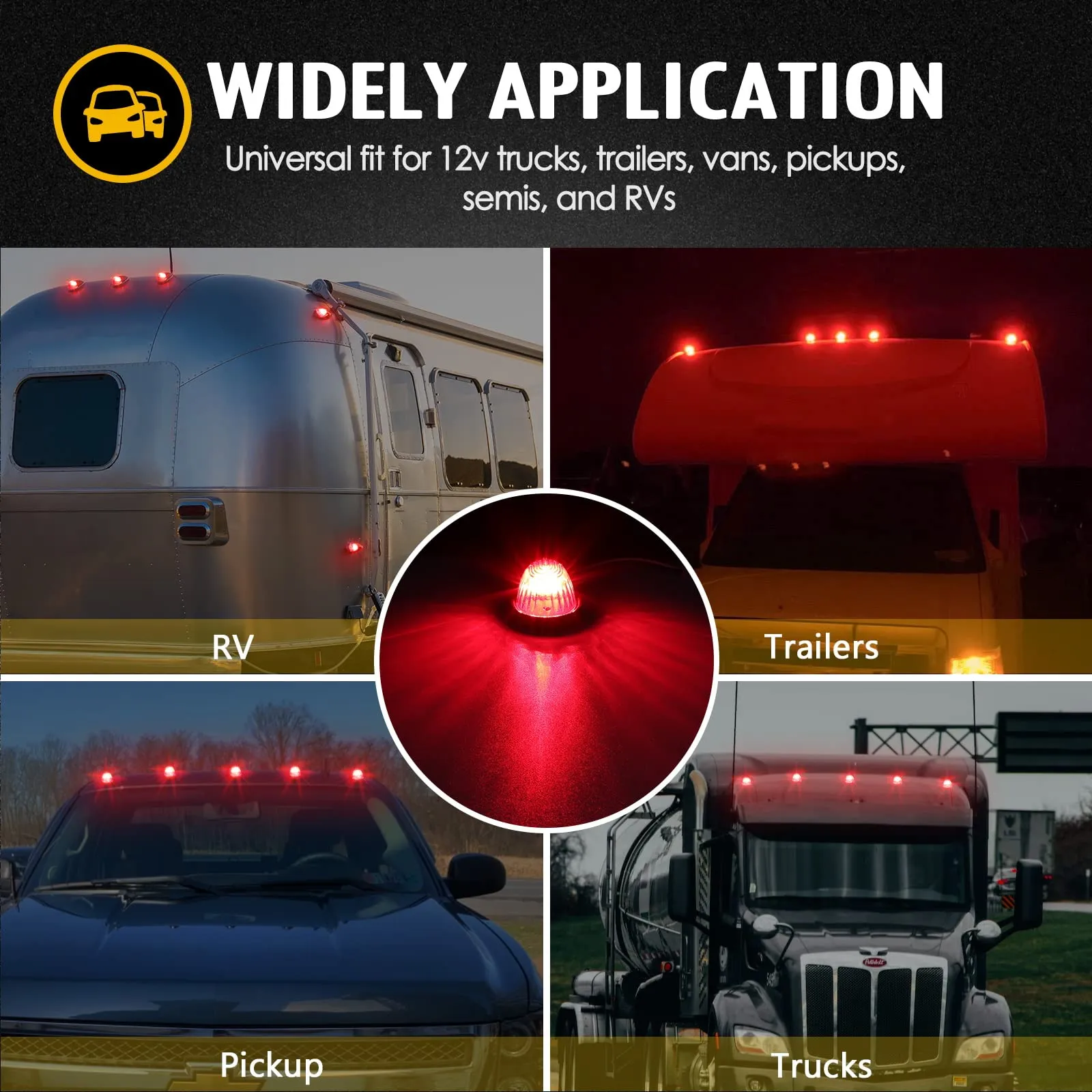 Partsam Red Cab Light, 5Pcs 9 LED Torpedo Cab Marker Light Roof Running Top, Front Rear Top Clearance Roof Running Light with Wiring Pack for Trucks, Vans, Pickups, semis, and RVs(Red/Red)