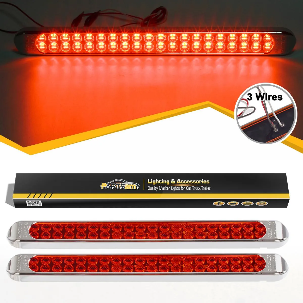 Partsam Submersible 17Inch Thin Amber Led Turn Signal Light Bar 40 LED Sealed Utility Trailer Truck RV Led Marker Clearance Identification Light Bar w/Chrome Bezel (Pack of 2)