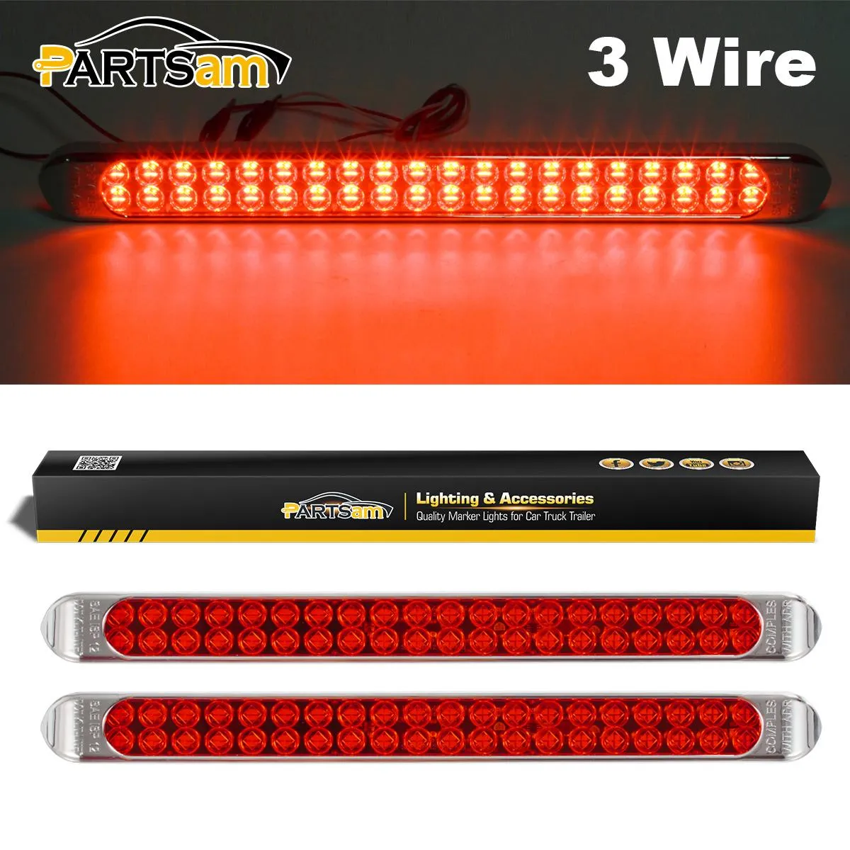 Partsam Submersible 17Inch Thin Amber Led Turn Signal Light Bar 40 LED Sealed Utility Trailer Truck RV Led Marker Clearance Identification Light Bar w/Chrome Bezel (Pack of 2)