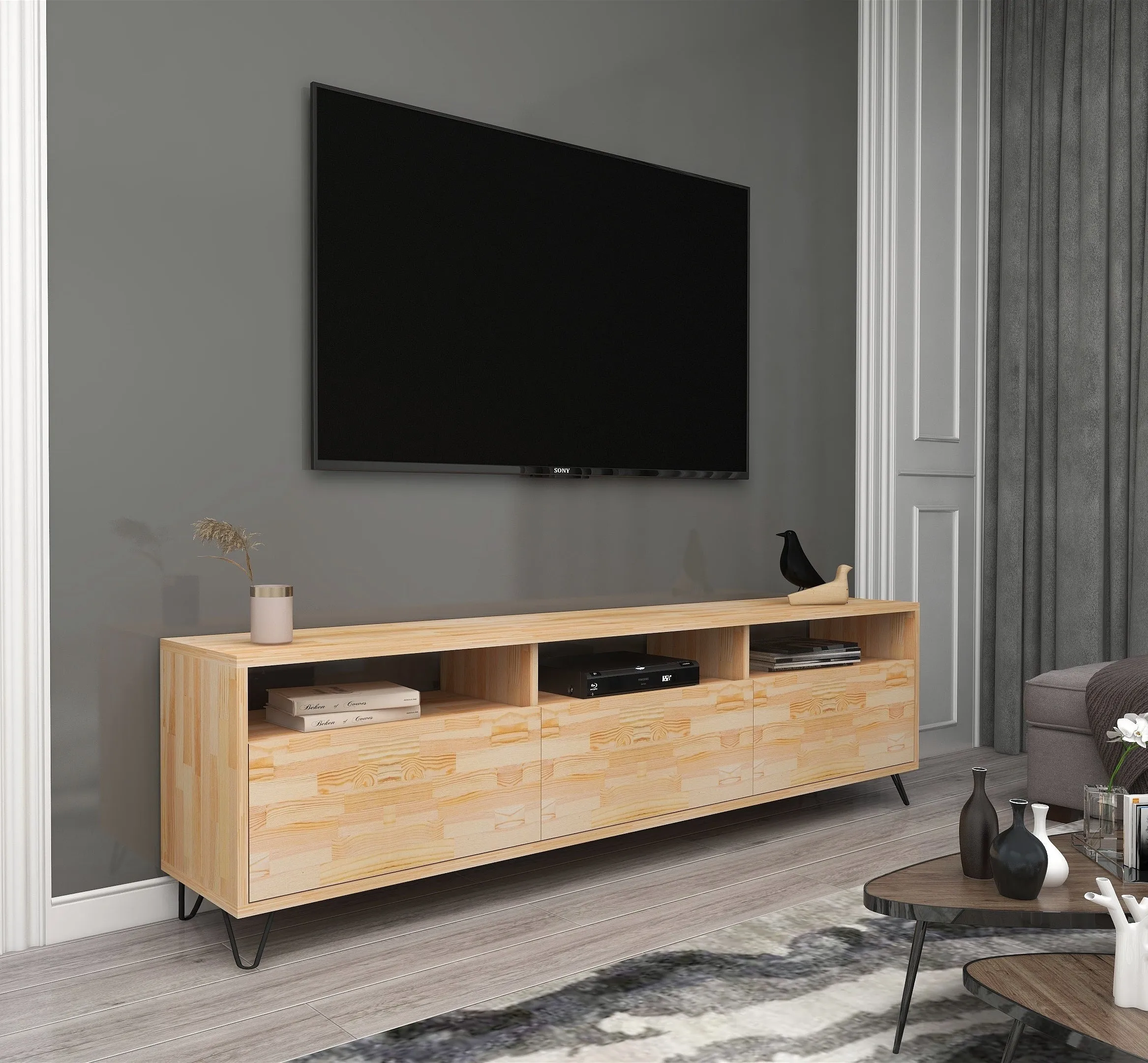Pine Wood Metal Handmade TV Stand and Media Console for TVs up to 77" Oliver