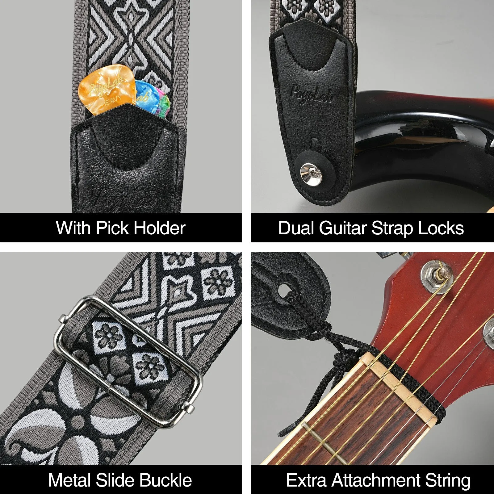 POGOLAB Guitar Bass Strap 2" Wide Jacquard Embroidery Cotton Adjustable 35"-62"