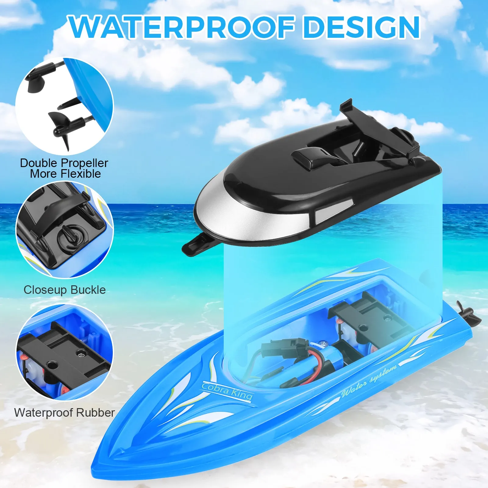 THINKMAX 2PACK 10km/H 2.4G High Speed Remote Control Boats (Blue Red)