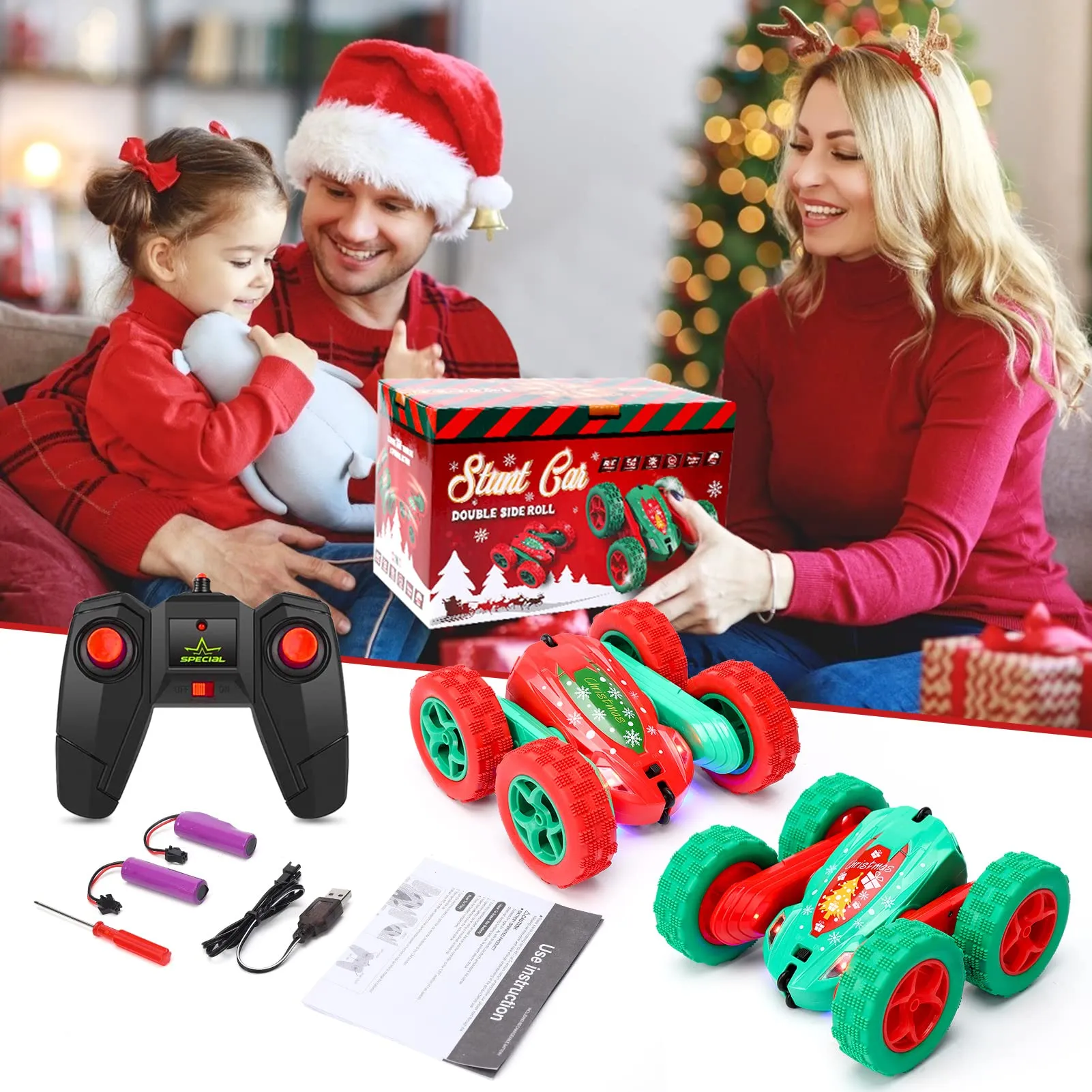 THINKMAX 2Pack RC Stunt Car High Speed Remote Control Car for Xmas Green Red