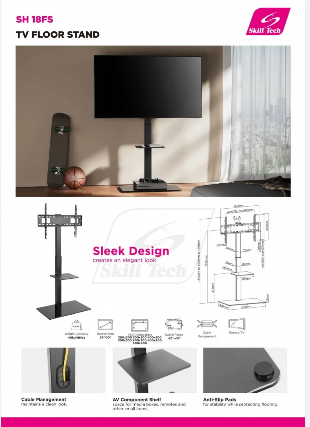 TV Floor Stand With Single Shelf - SH 18FS (Fits Most 37" ~ 70" Screen, Weight Capacity 40kg)