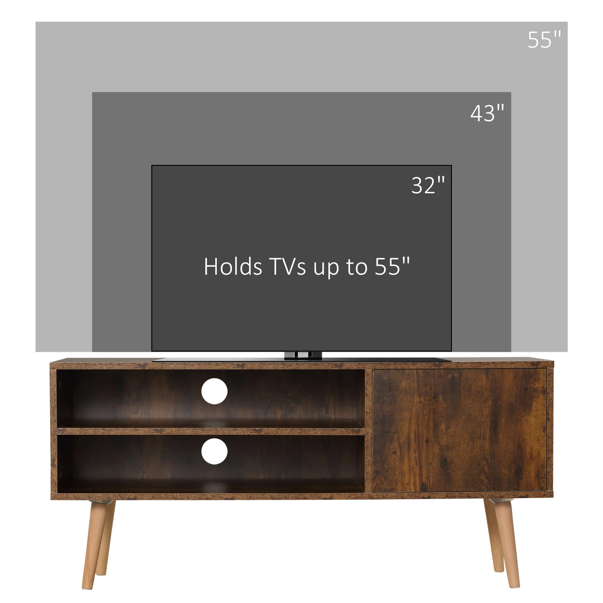 TV Unit Cabinet for TVs up to 55 Inches, TV Stand with Cupboard and Storage Shelves, Cable Holes for Living Room, Brown